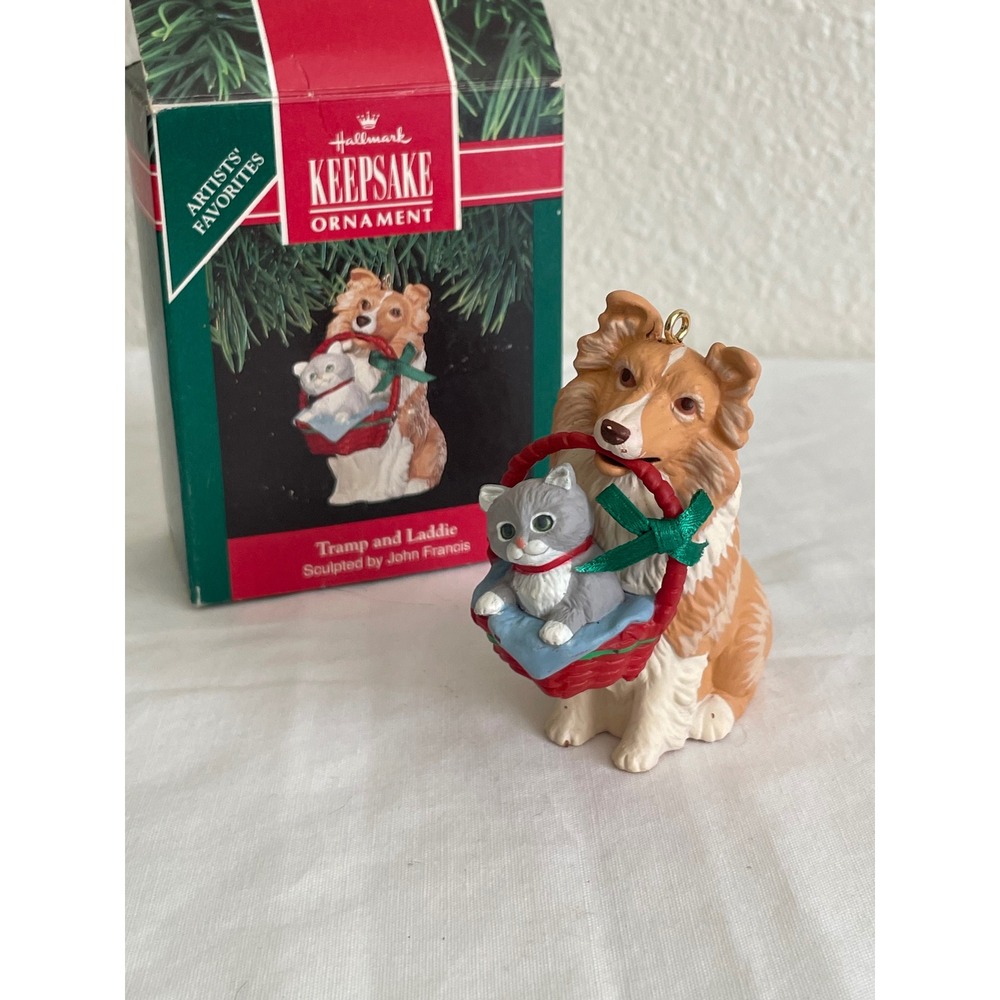 Tramp and Laddie Collie Dog Cat Hallmark Keepsake Ornament 1991 OS Tan Excellent